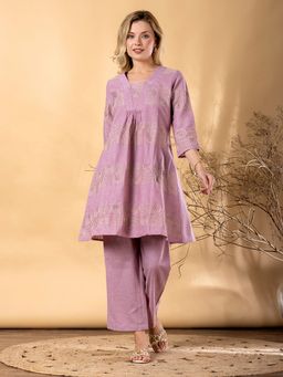 Readiprint - Women Lavender Cotton Blend Embroidered V-Neck Co-ord Set