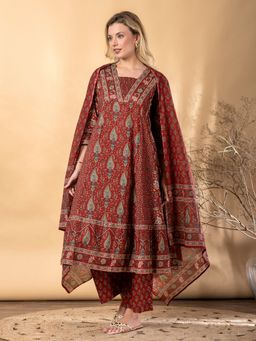 Readiprint - Women Maroon Pure Cotton Paisley V-Neck Anarkali Kurta with Palazzo and Dupatta