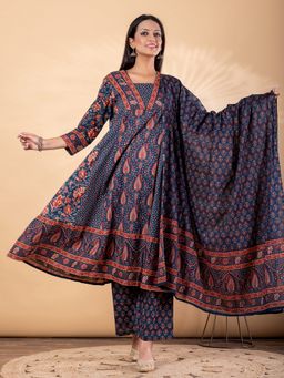Readiprint - Women Navy Blue Pure Cotton Paisley V-Neck Anarkali Kurta with Palazzo and Dupatta