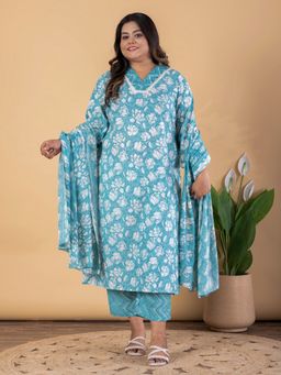 Readiprint - Plus Size Blue Blend Floral V-Neck Kurta with Pant and Dupatta