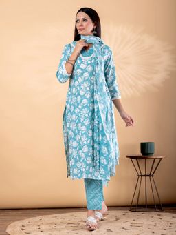 Readiprint - Women Blue Blend Floral V-Neck Kurta with Pant and Dupatta