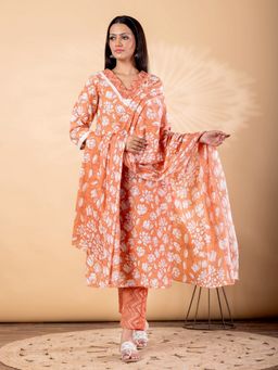 Readiprint - Women Orange Blend Floral V-Neck Kurta with Pant and Dupatta