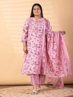 Readiprint - Plus Size Pink Floral Kurta with Pant and Dupatta