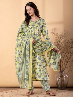 Readiprint - Women Green Floral Round Neck Kurta with Palazzo and Dupatta