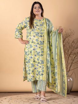 Readiprint - Plus Size Green Blend Floral Kurta with Pant and Dupatta