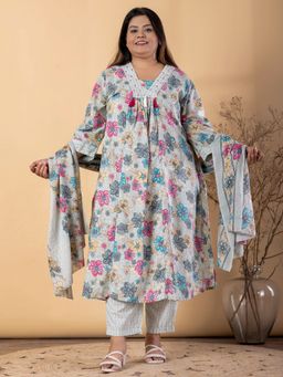 Readiprint - Plus Size Blue Blend Floral Kurta with Pant and Dupatta