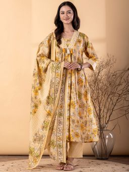Readiprint - Women Beige Blend Floral V-Neck Kurta with Pant and Dupatta