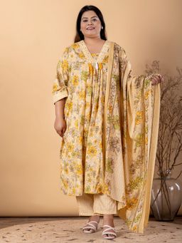 Readiprint - Womens Yellow Blend Floral V-Neck Kurta with Pant and Dupatta