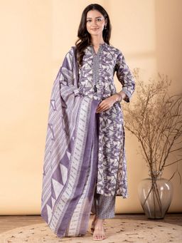 Readiprint - Women Purple Geometric Mandarin Neck Kurta with Palazzo and Dupatta