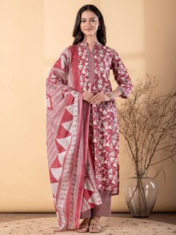 Readiprint - Women Maroon Geometric Mandarin Neck Kurta with Palazzo and Dupatta