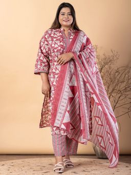 Readiprint - Plus Size Pink Blend Geometric Mandarin Neck Kurta with Pant and Dupatta