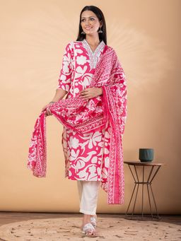 Readiprint - Women Pink Blend Floral V-Neck Kurta with Pant and Dupatta