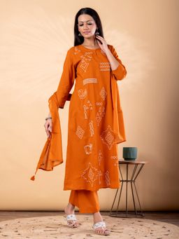 Readiprint - Women Orange Embroidered Keyhole Neck Kurta with Pant and Dupatta