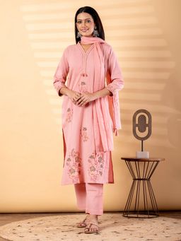 Readiprint - Women Peach Embroidered V-Neck Kurta with Pant and Dupatta