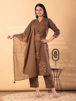 Readiprint - Women Brown Blend Embroidered V-Neck Kurta with Pant and Dupatta