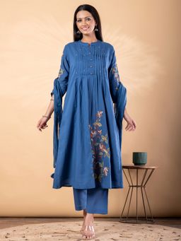 Readiprint - Women Blue Pure Cotton Embroidered Anarkali Kurta with Pant and Dupatta