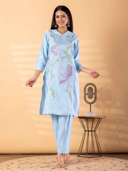 Readiprint - Women Blue Chinon Embroidered V-Neck Kurta with Pant
