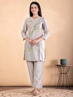 Readiprint - Women Grey Chinon Embroidered V-Neck Co-ord Set