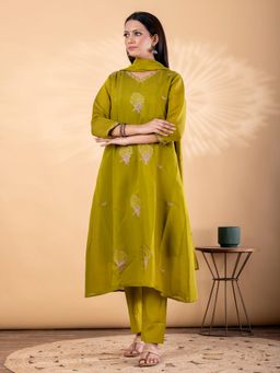 Readiprint - Women Olive Chanderi Silk Embroidered V-Neck Kurta with Pant and Dupatta