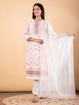 Readiprint - Women White Embroidered Kurta with Pant and Dupatta