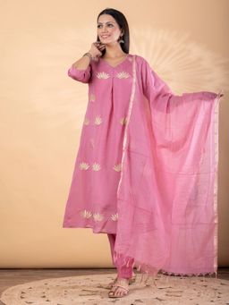 Readiprint - Women Pink Chanderi Silk Embroidered V-Neck Kurta with Pant and Dupatta