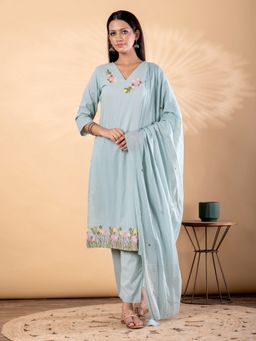 Readiprint - Women Blue Embroidered V-Neck Kurta with Pant and Dupatta
