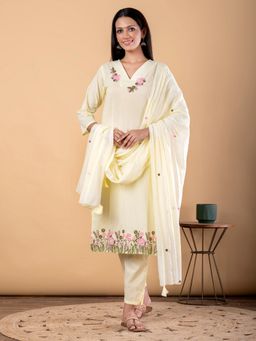 Readiprint - Women Yellow Embroidered V-Neck Kurta with Pant and Dupatta