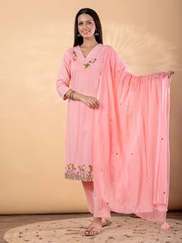 Readiprint - Women Pink Embroidered V-Neck Kurta with Pant and Dupatta
