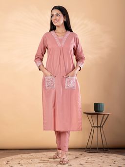 Readiprint - Women Peach Embroidered V-Neck Kurta with Pant