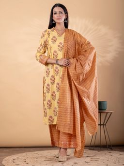 Readiprint - Women Yellow Floral V-Neck Kurta with Palazzo and Dupatta