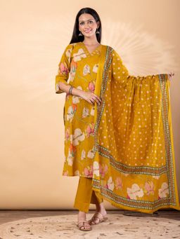 Readiprint - Women Mustard Floral V-Neck Kurta with Pant and Dupatta