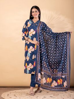 Readiprint - Women Navy Blue Floral V-Neck Kurta with Pant and Dupatta