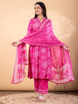 Readiprint - Womens Pink Blend Floral V-Neck Kurta with Pant and Dupatta