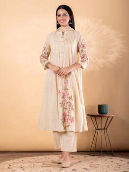 Readiprint - Women Cream Pure Cotton Embroidered Anarkali Kurta with Pant and Dupatta