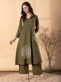 Readiprint - Women Olive Embroidered Collar Neck Kurta with Palazzo