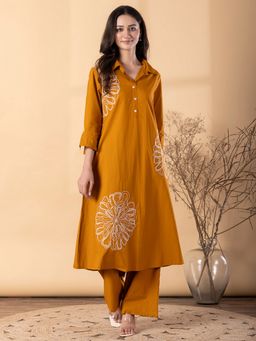 Readiprint - Women Mustard Embroidered Collar Neck Kurta with Palazzo