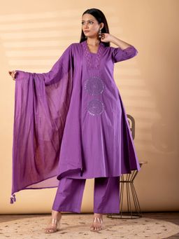 Readiprint - Women Purple Embroidered V-Neck Kurta with Palazzo and Dupatta