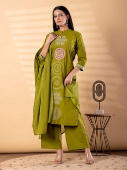 Readiprint - Women Green Embroidered Mandarin Neck Kurta with Palazzo and Dupatta