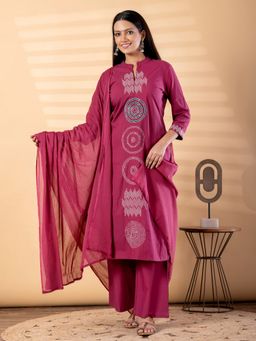 Readiprint - Women Magenta Embroidered Mandarin Neck Kurta with Palazzo and Dupatta
