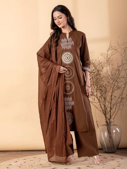Readiprint - Women Brown Embroidered Mandarin Neck Kurta with Palazzo and Dupatta