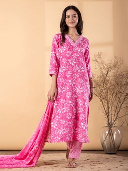 Readiprint - Women Blend Pink Floral V-Neck Kurta with Pant and Dupatta
