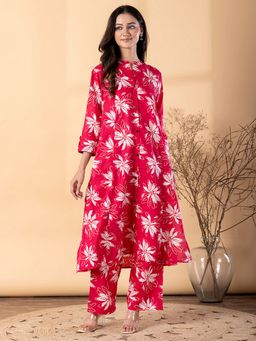 Readiprint - Womens Pink Floral Mandarin Neck Kurta with Palazzo