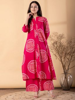Readiprint - Women Pink Floral Mandarin Neck Kurta with Palazzo