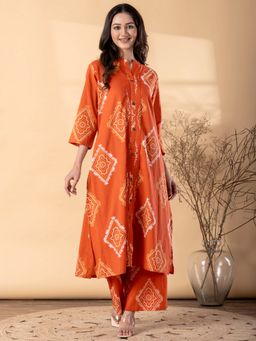 Readiprint - Women Rust Printed Mandarin Neck Kurta with Palazzo