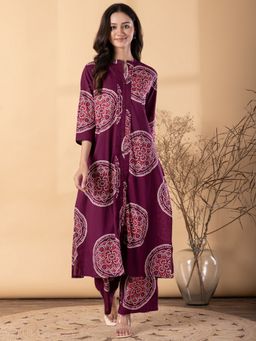 Readiprint - Women Purple Floral Mandarin Neck Kurta with Palazzo