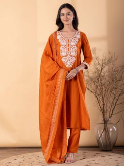 Readiprint - Women Rust Blend Floral Kurta with Pant and Dupatta