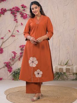 Readiprint - Women Rust Embroidered V-Neck Kurta with Palazzo