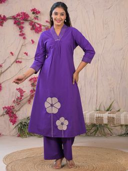 Readiprint - Women Purple Embroidered V-Neck Kurta with Palazzo