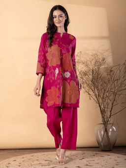 Readiprint - Women Magenta Pure Cotton Embroidered Mandarin Neck Co-ord Set