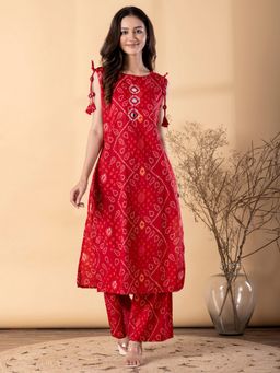 Readiprint - Women Red Printed Boat Neck Kurta with Palazzo